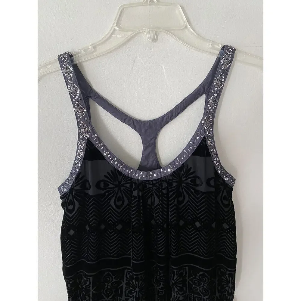 Free People FP Size 2 Black Velvet Burnout Tunic Top‎ Sequin Trim Dark Romantic